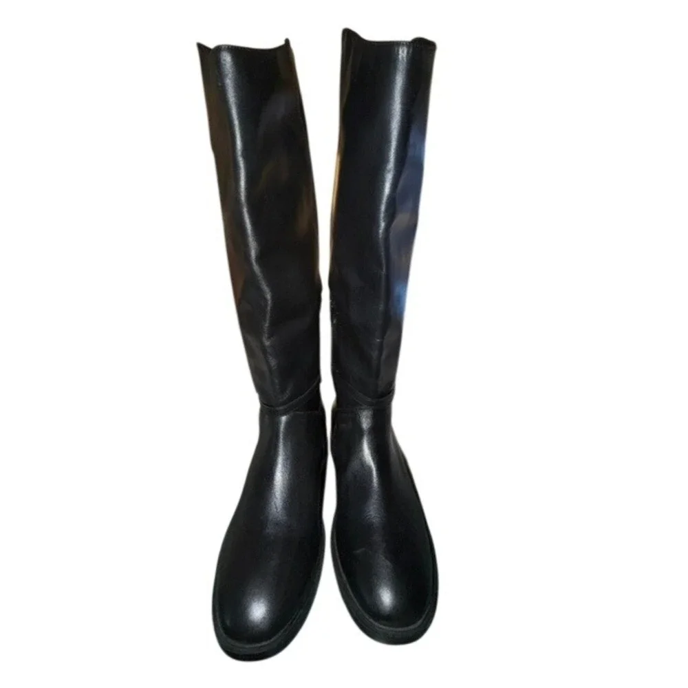 Arezzo‎ Bota Salto Baixo Black Leather Knee High Riding Boots Gold Buckle 8.5M